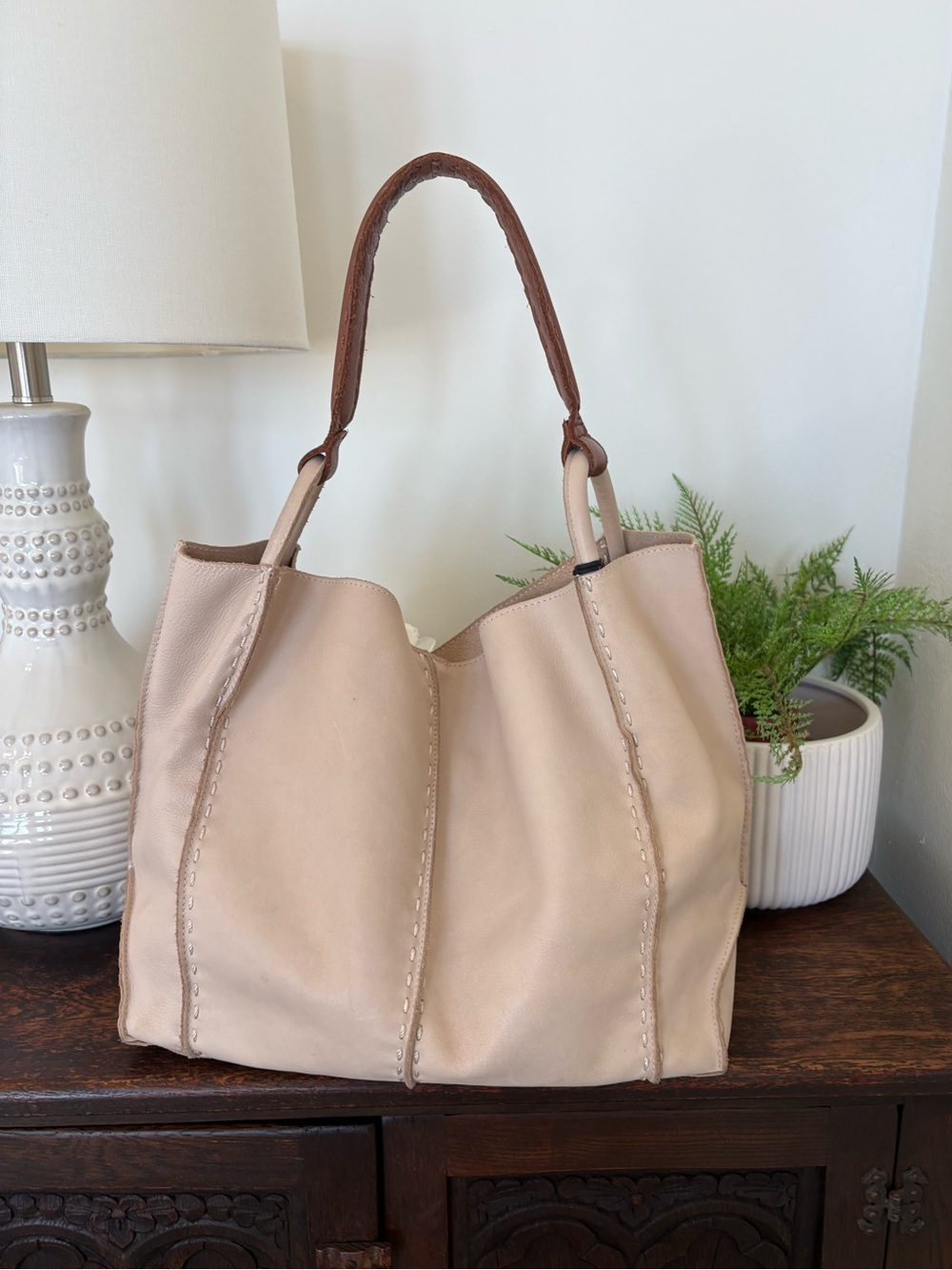 The Sak Los Feliz Large Leather Tote Bag in Light Beige with Brown Handles